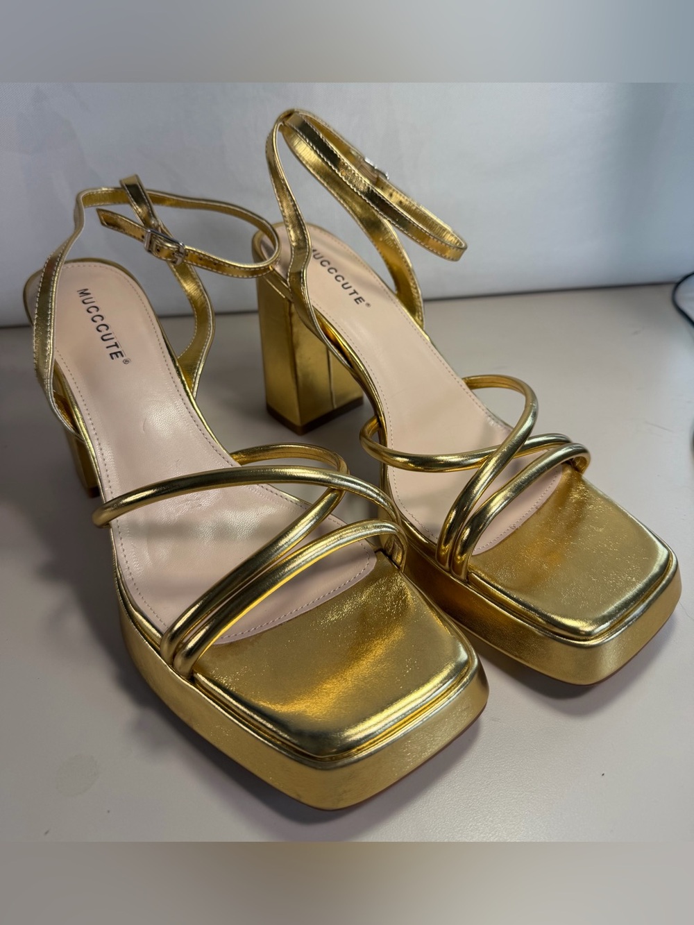Women Strappy Sandals Size 11 MUCCCUTE gold chunky heel platform women 3in Heels